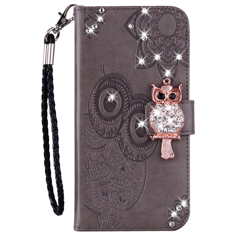 Google Pixel 8 Owl & Rhinestone Leather Wallet Case - Brown