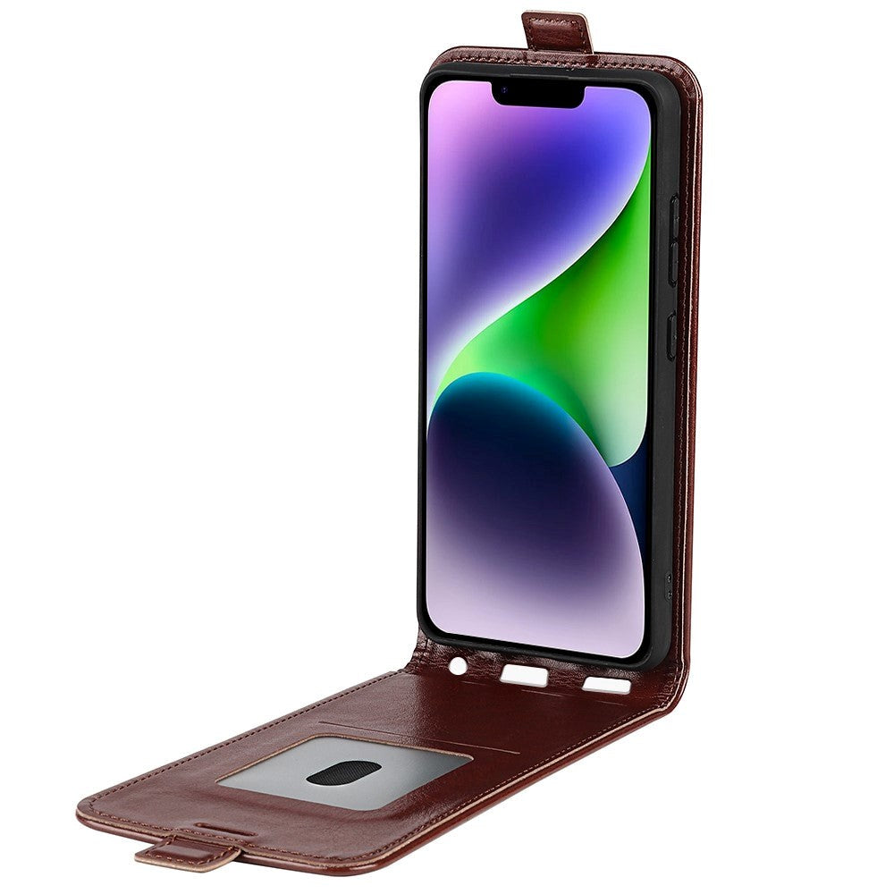 iPhone 15 Vertical Leather Flip Cover w. Card Holder - Brown