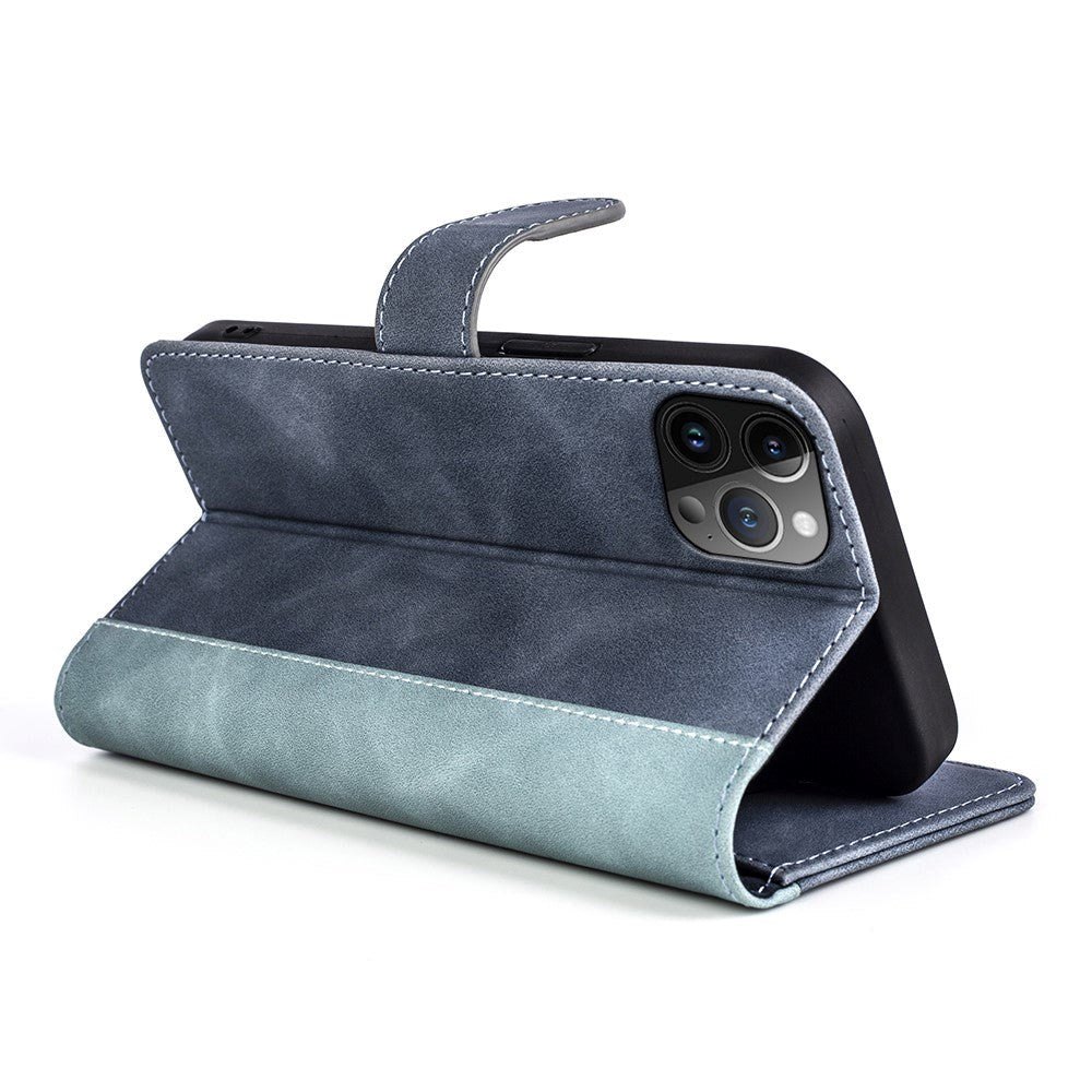 iPhone 15 Pro Max Multicolored Leather Flip Case with Card Holder - Blue / Grey