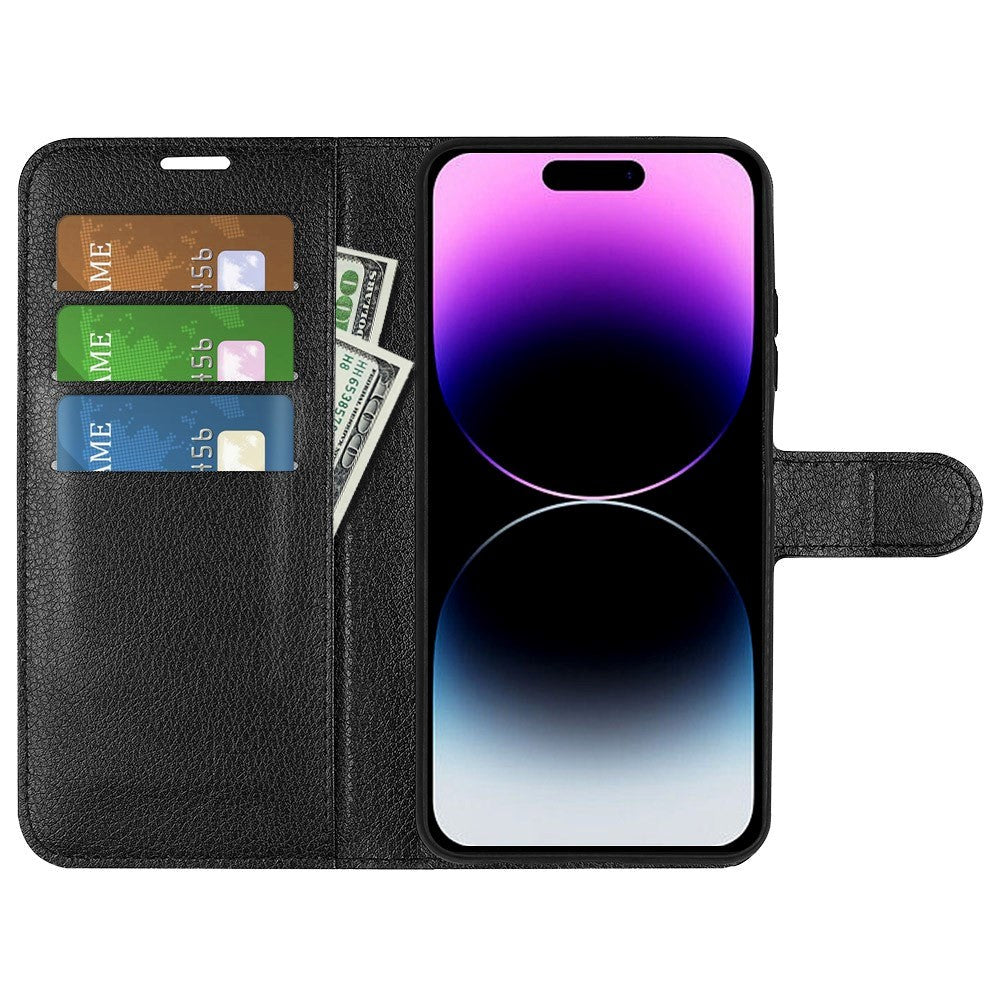 iPhone 15 Pro Max Litchi Leather Case w. Wallet - Black