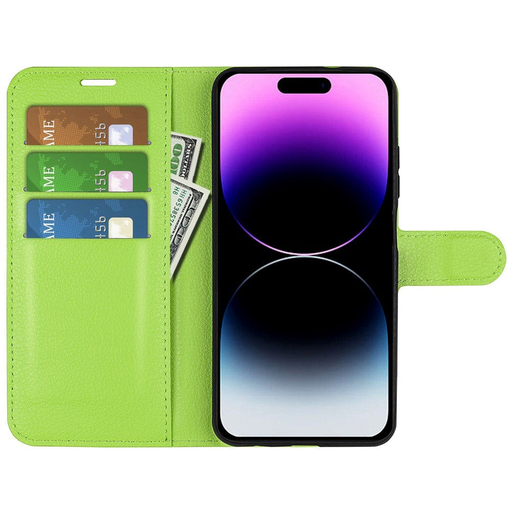 iPhone 15 Pro Max Litchi Leather Case w. Wallet - Green