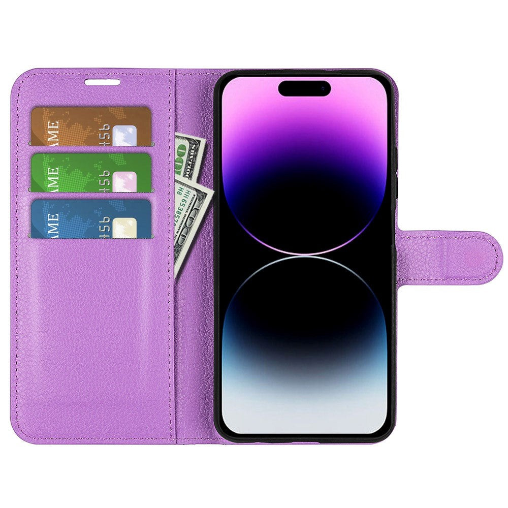 iPhone 15 Pro Max Litchi Leather Case w. Wallet - Purple