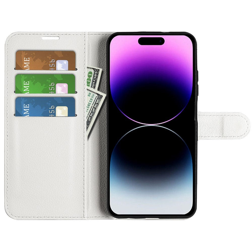 iPhone 15 Pro Litchi Leather Case w. Wallet - White