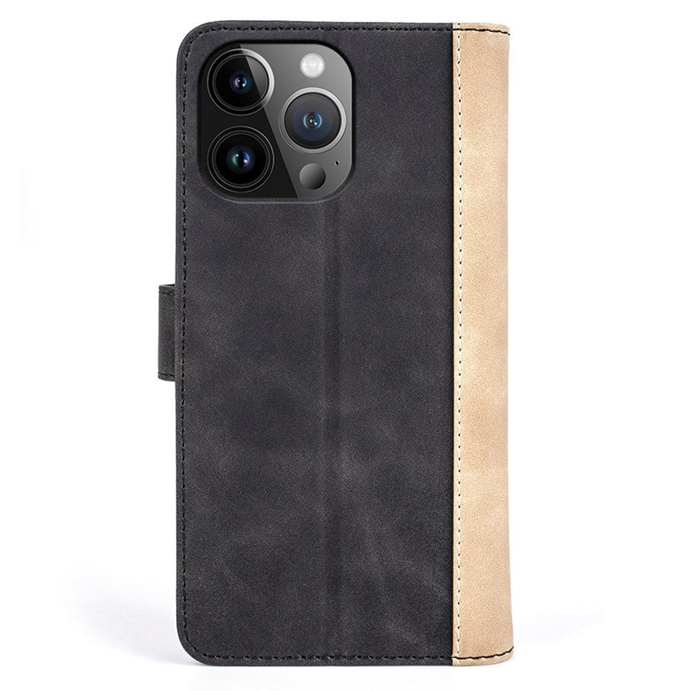 iPhone 15 Pro Multicolored Flip Leather Cover with Wallet - Black / Light Brown