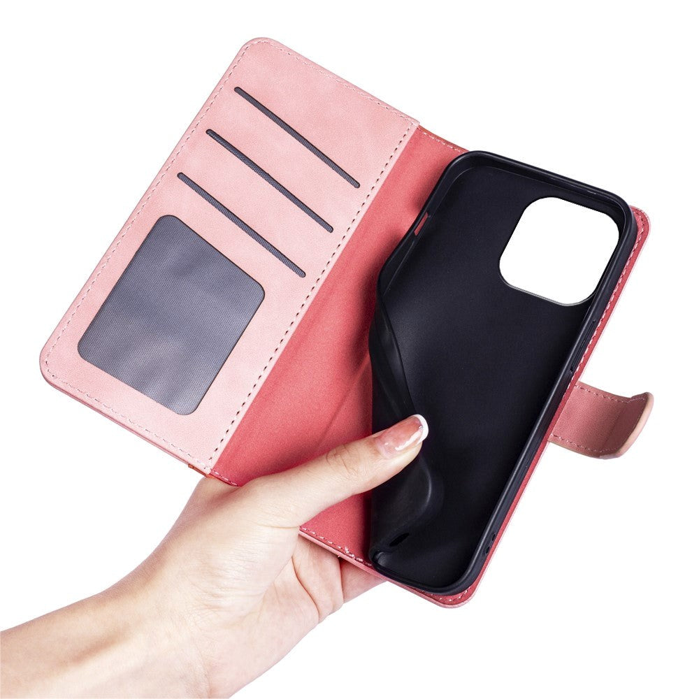 iPhone 15 Pro Multicolored Leather Flip Case with Card Holder - Pink / Red