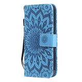 iPhone 15 Leather Case with Wallet and Strap - Mandala Flower - Blue