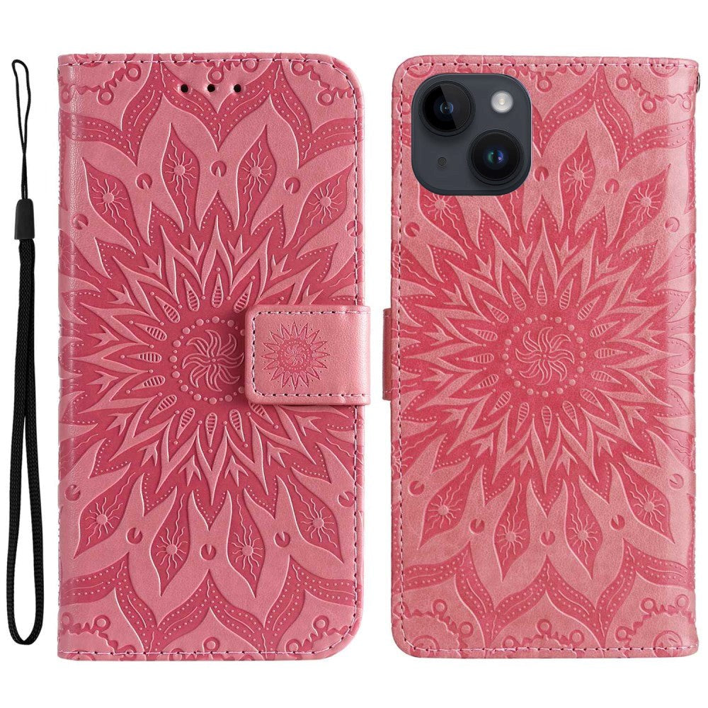 iPhone 15 Leather Case with Wallet and Strap - Mandala Flower - Blue