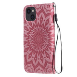 iPhone 15 Leather Case with Wallet and Strap - Mandala Flower - Blue