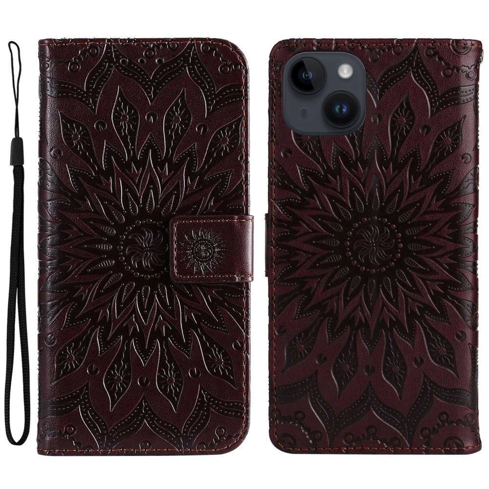 iPhone 15 Leather Case with Wallet and Strap - Mandala Flower - Dark Brown