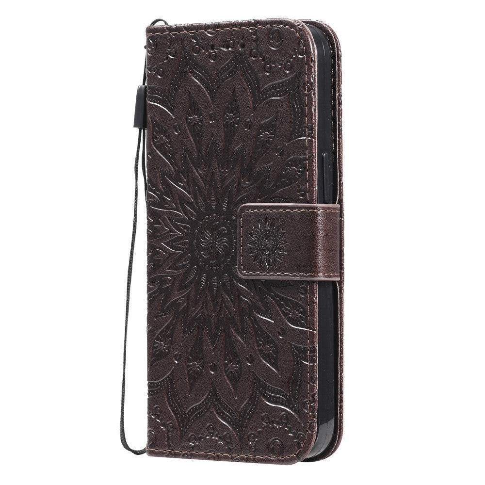 iPhone 15 Leather Case with Wallet and Strap - Mandala Flower - Dark Brown