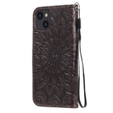 iPhone 15 Leather Case with Wallet and Strap - Mandala Flower - Dark Brown