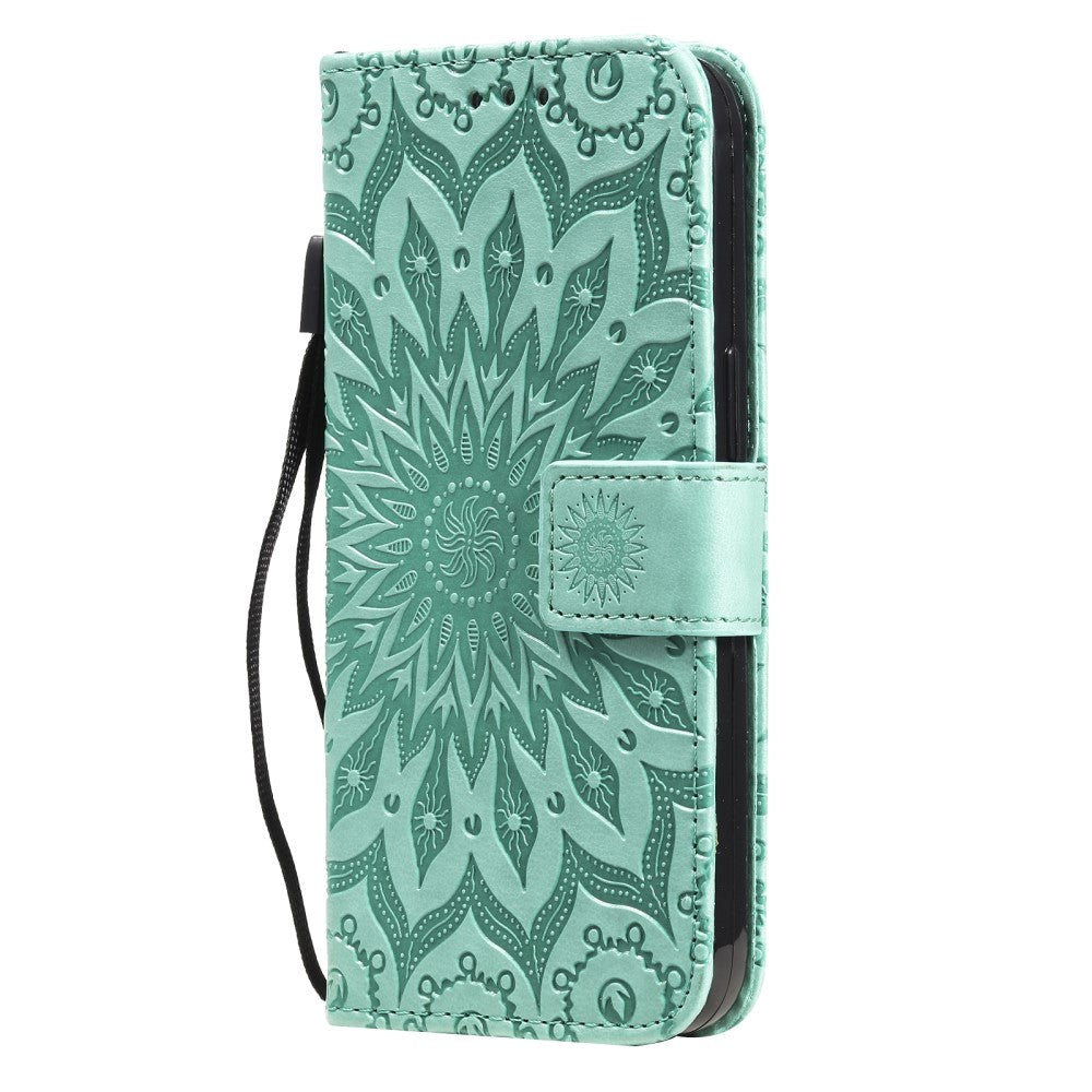 iPhone 15 Leather Case with Wallet and Strap - Mandala Flower - Green