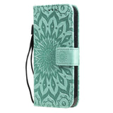 iPhone 15 Leather Case with Wallet and Strap - Mandala Flower - Green