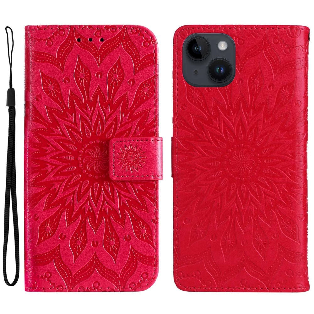 iPhone 15 Leather Case with Wallet and Strap - Mandala Flower - Red