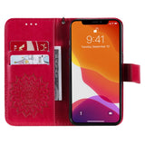 iPhone 15 Leather Case with Wallet and Strap - Mandala Flower - Red