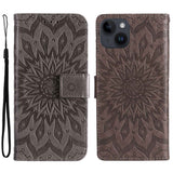 iPhone 15 Leather Case with Wallet and Strap - Mandala Flower - Brown