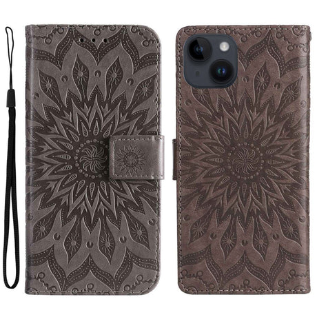 iPhone 15 Leather Case with Wallet and Strap - Mandala Flower - Brown