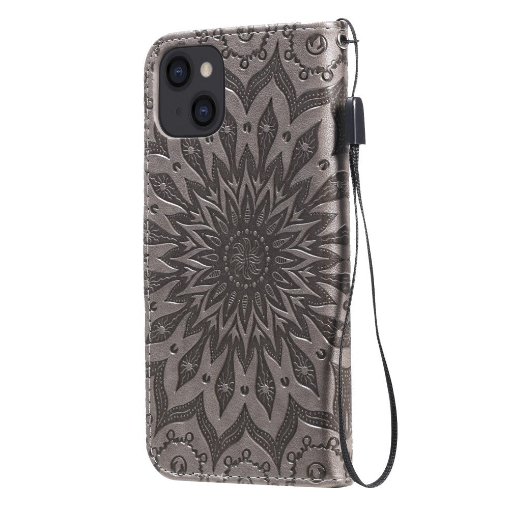 iPhone 15 Leather Case with Wallet and Strap - Mandala Flower - Brown