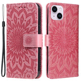 iPhone 15 Plus Leather Case with Wallet and Strap - Mandala Flower - Pink