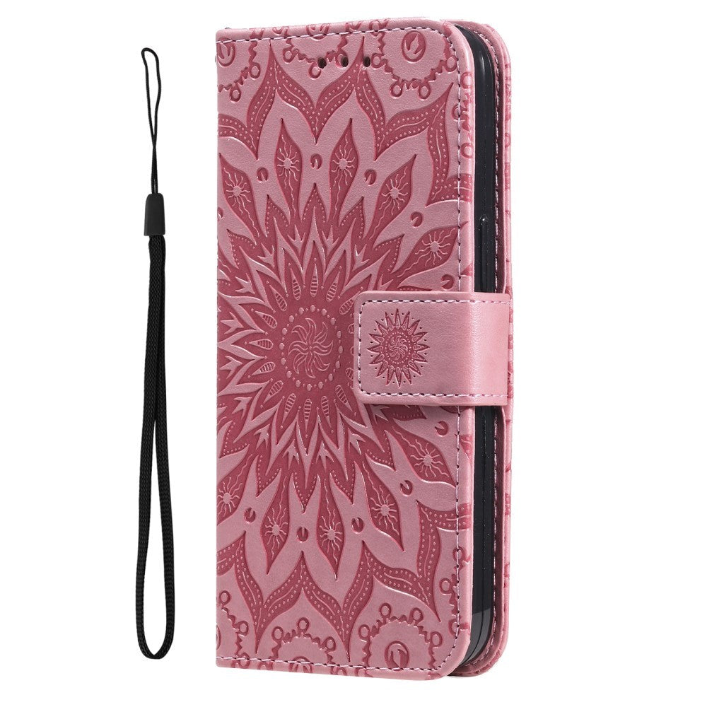 iPhone 15 Plus Leather Case with Wallet and Strap - Mandala Flower - Pink