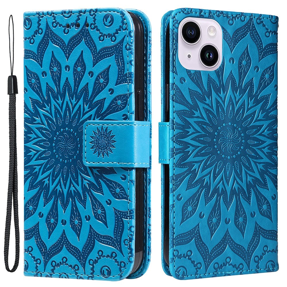 iPhone 15 Plus Leather Case with Wallet and Strap - Mandala Flower - Blue