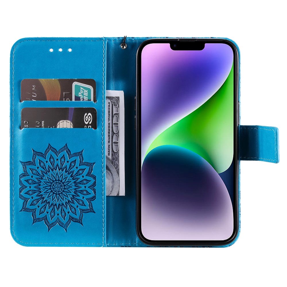 iPhone 15 Plus Leather Case with Wallet and Strap - Mandala Flower - Blue