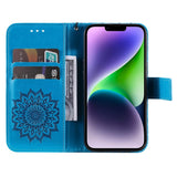 iPhone 15 Leather Case with Wallet and Strap - Mandala Flower - Blue