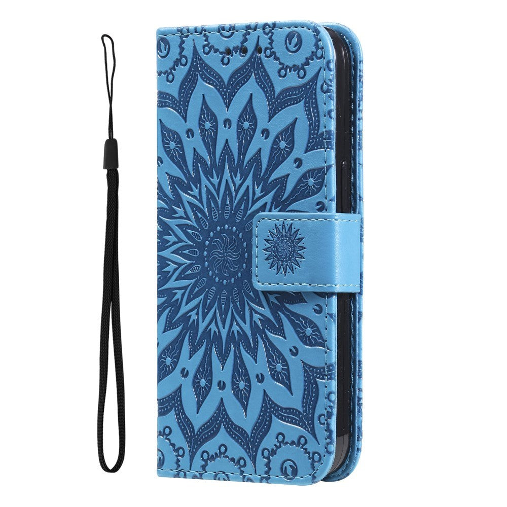 iPhone 15 Plus Leather Case with Wallet and Strap - Mandala Flower - Blue