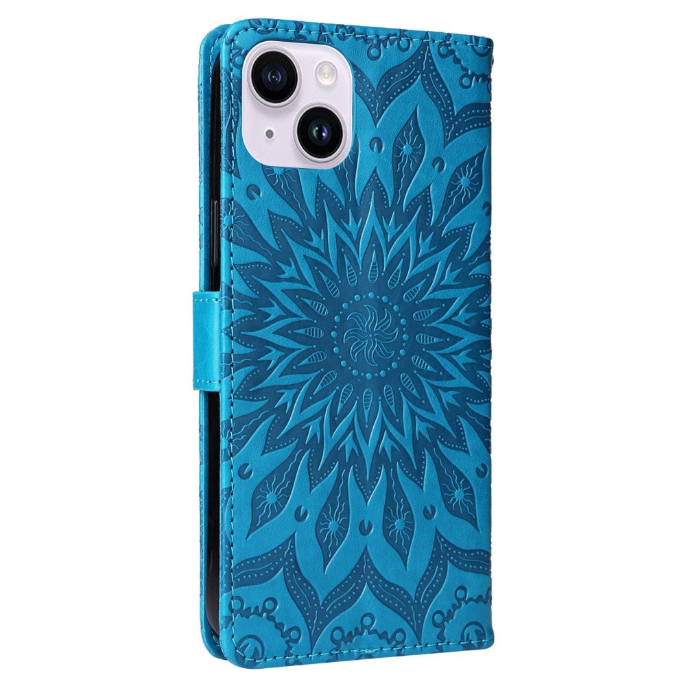 iPhone 15 Plus Leather Case with Wallet and Strap - Mandala Flower - Blue