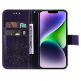 iPhone 15 LiPhone 15 Leather Case with Wallet and Strap - Mandala Flower - Purple