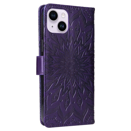 iPhone 15 Plus Leather Case with Wallet and Strap - Mandala Flower - Purple