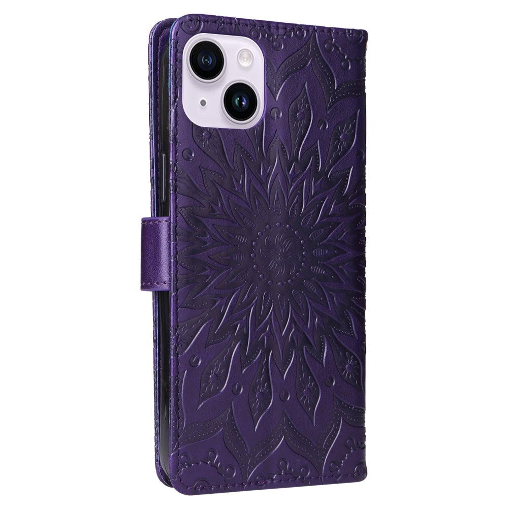 iPhone 15 LiPhone 15 Leather Case with Wallet and Strap - Mandala Flower - Purple