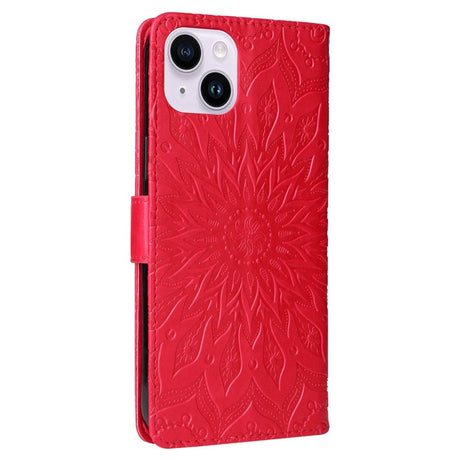 iPhone 15 Plus Leather Case with Wallet and Strap - Mandala Flower - Red