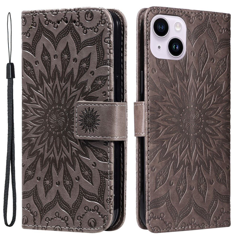 iPhone 15 Plus Leather Case with Wallet and Strap - Mandala Flower - Grey