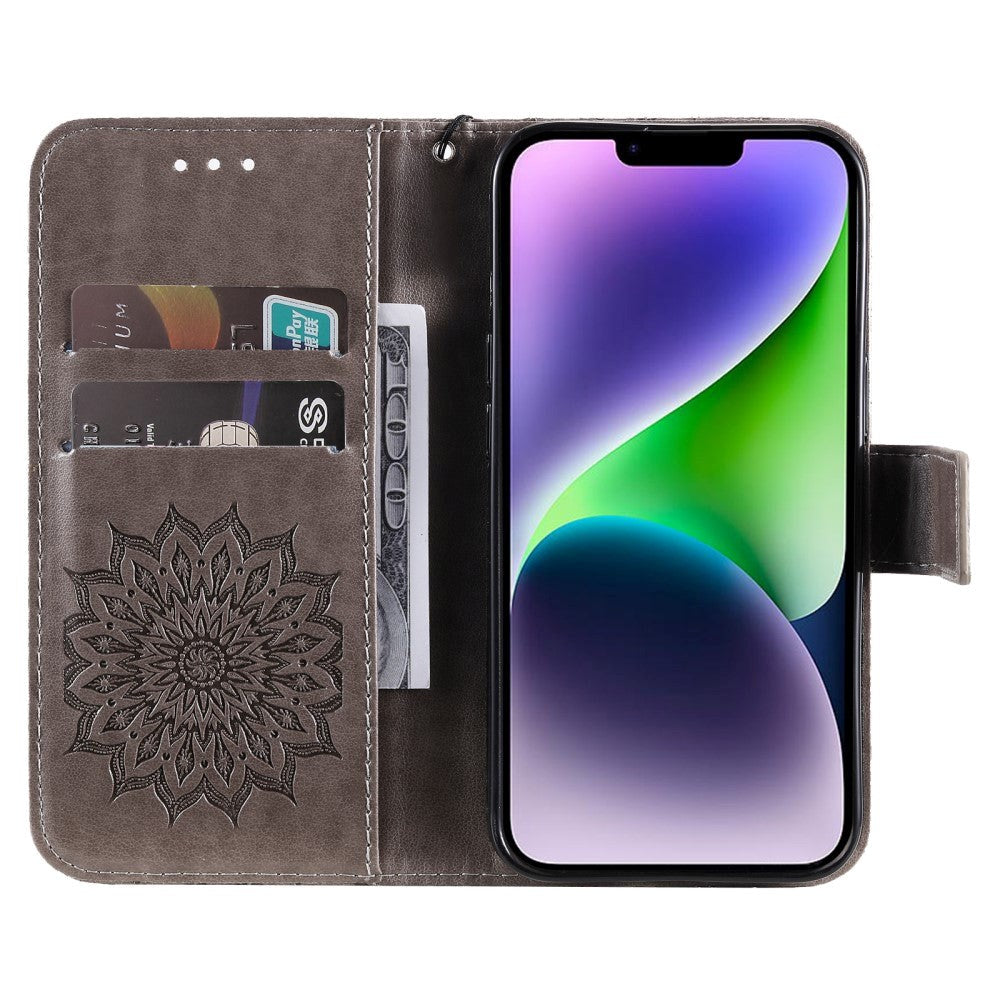 iPhone 15 Plus Leather Case with Wallet and Strap - Mandala Flower - Grey