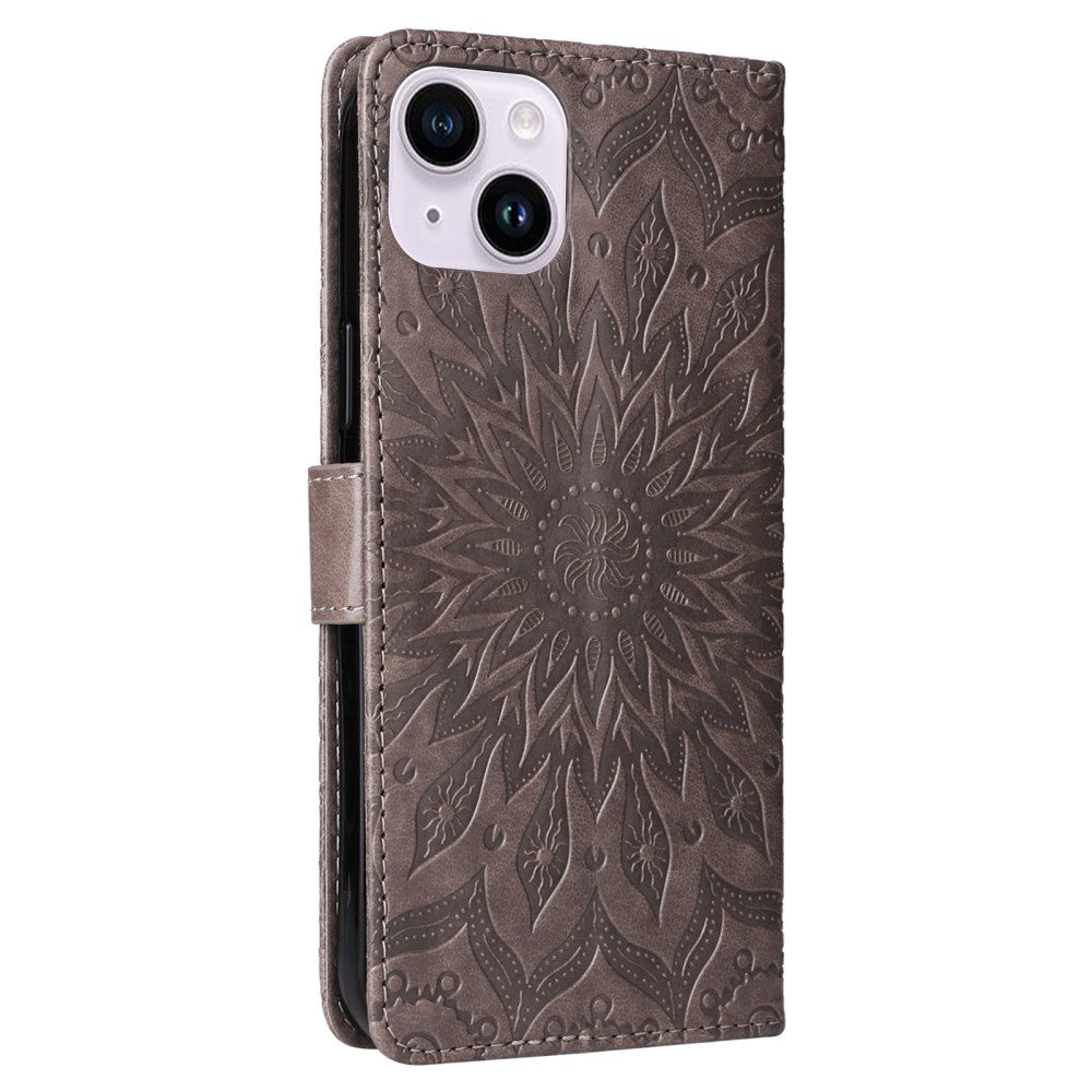 iPhone 15 Plus Leather Case with Wallet and Strap - Mandala Flower - Grey