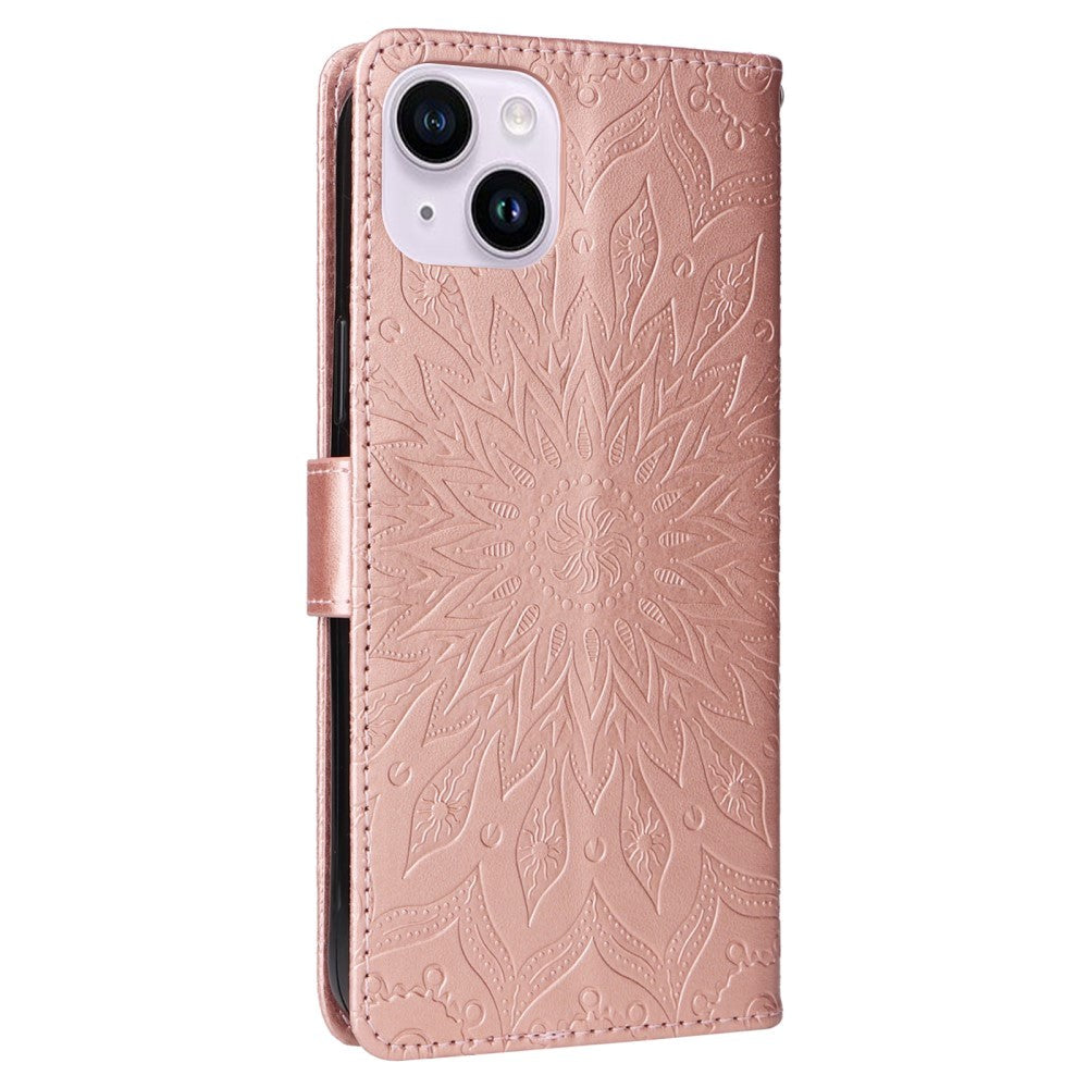 iPhone 15 Plus Leather Case with Wallet and Strap - Mandala Flower - Rose Gold