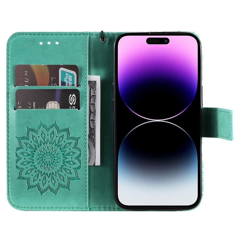 iPhone 15 Pro Max Leather Case with Wallet and Strap - Mandala Flower - Green