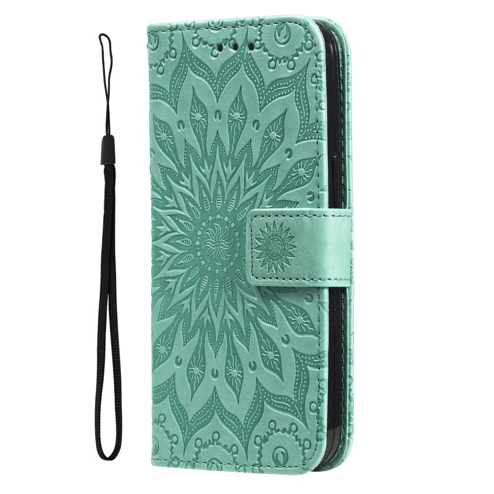 iPhone 15 Pro Max Leather Case with Wallet and Strap - Mandala Flower - Green