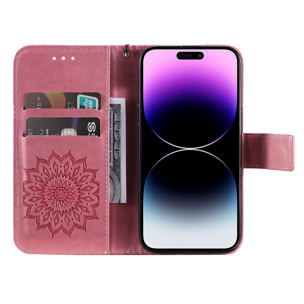 iPhone 15 Pro Max Leather Case with Wallet and Strap - Mandala Flower - Pink