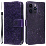 iPhone 15 Pro Max Leather Case with Wallet and Strap - Mandala Flower - Purple