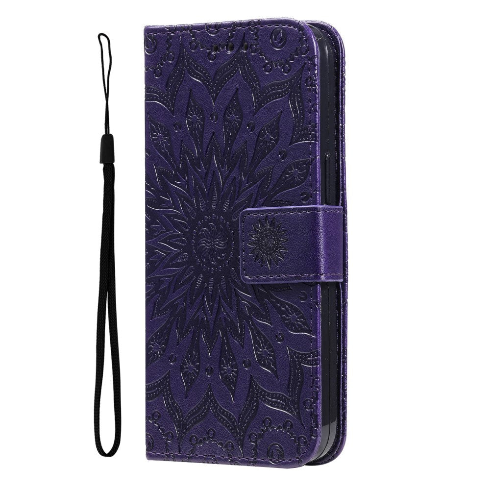 iPhone 15 Pro Max Leather Case with Wallet and Strap - Mandala Flower - Purple