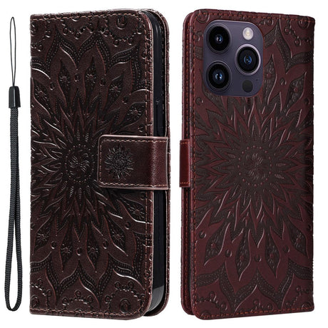 iPhone 15 Pro Max Leather Case with Wallet and Strap - Mandala Flower - Brown