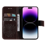 iPhone 15 Pro Max Leather Case with Wallet and Strap - Mandala Flower - Brown