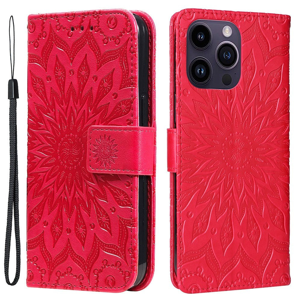 iPhone 15 Pro Max Leather Case with Wallet and Strap - Mandala Flower - Red