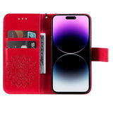 iPhone 15 Pro Max Leather Case with Wallet and Strap - Mandala Flower - Red