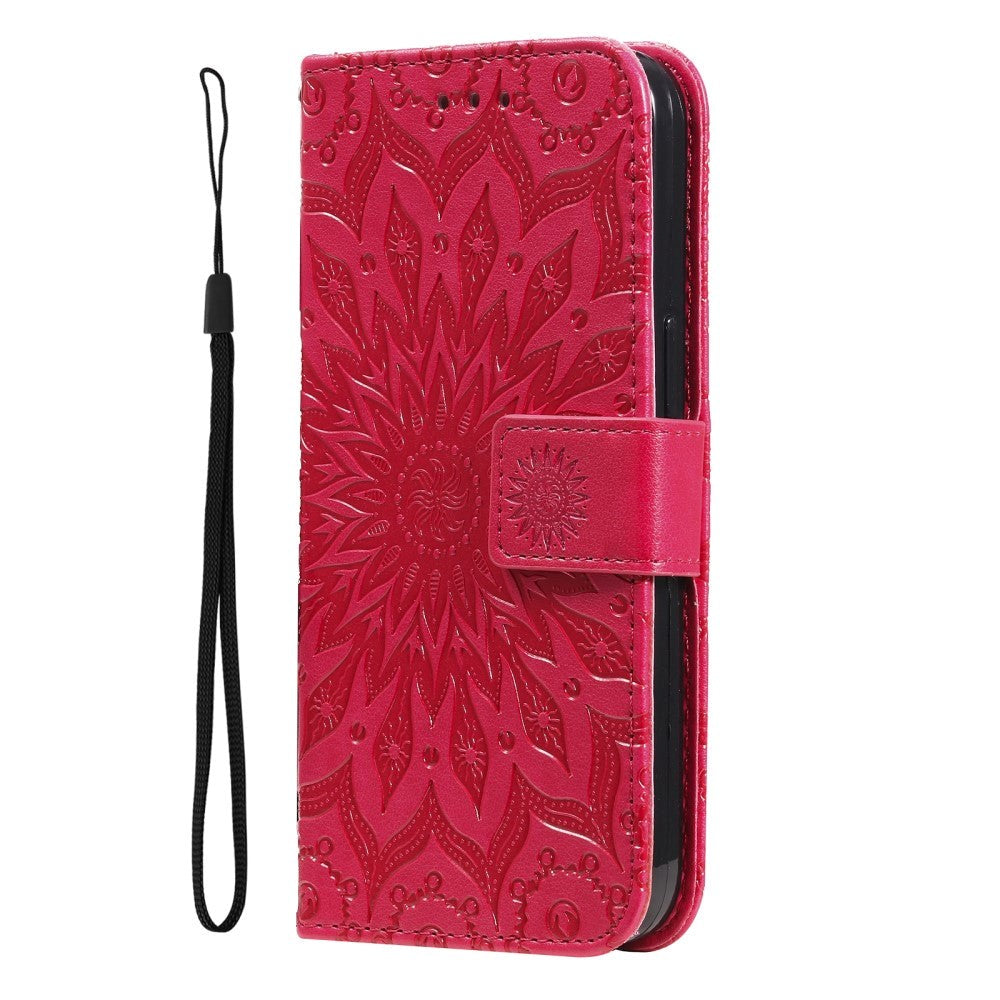 iPhone 15 Pro Max Leather Case with Wallet and Strap - Mandala Flower - Red