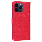 iPhone 15 Pro Max Leather Case with Wallet and Strap - Mandala Flower - Red