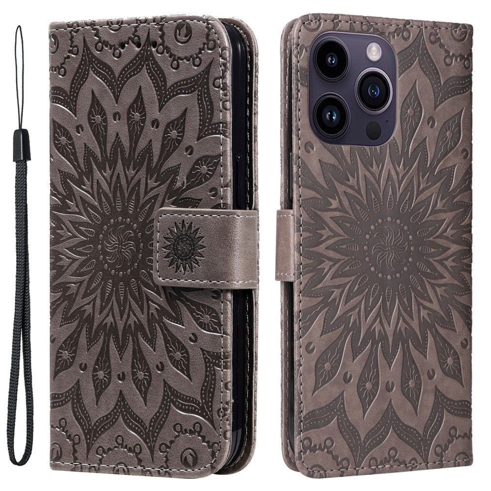 iPhone 15 Pro Max Leather Case with Wallet and Strap - Mandala Flower - Grey