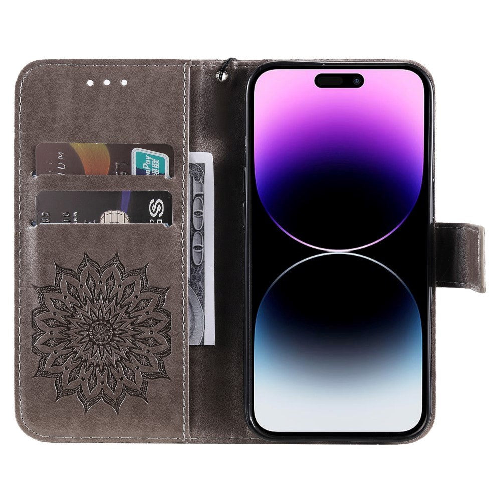 iPhone 15 Pro Max Leather Case with Wallet and Strap - Mandala Flower - Grey